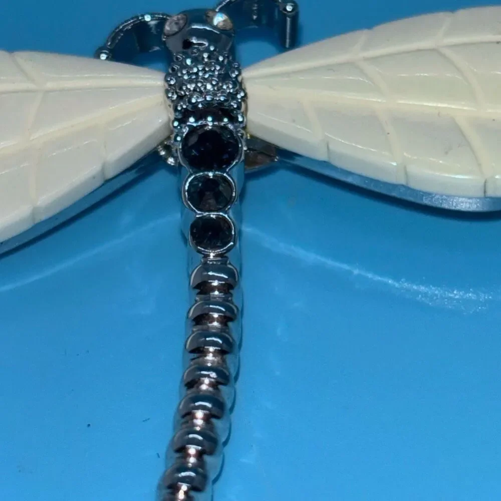 Vtg Joan Rivers Dragonfly pin brooch silver white opal wings crystal body +box